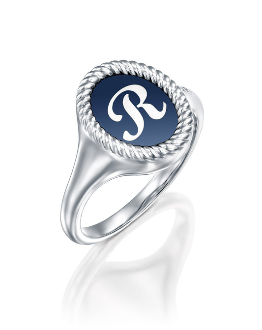 Blue Enamel Letter Signet Ring - L