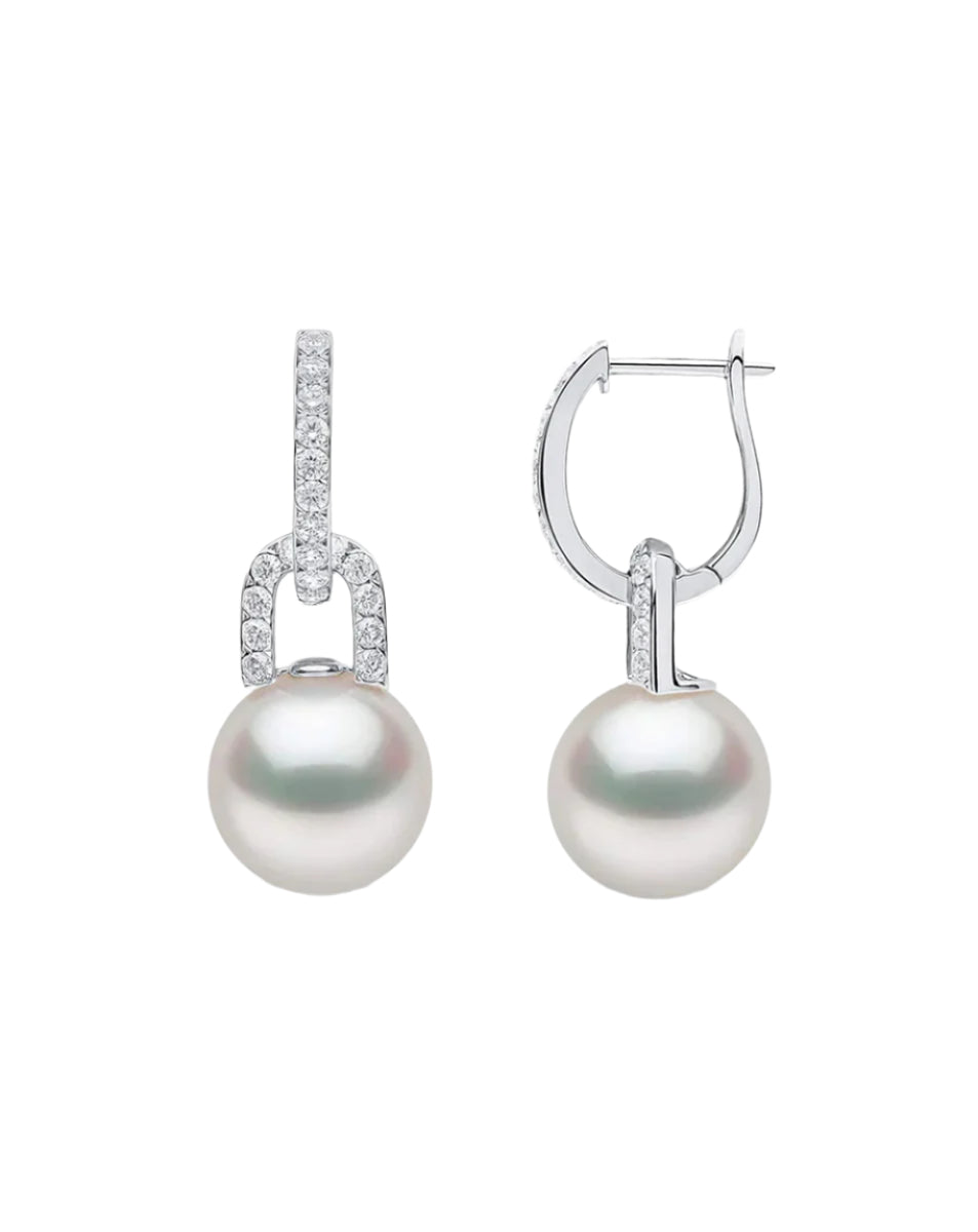 Link Pearl Drop Earrings with Diamonds