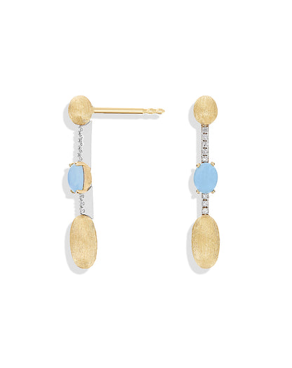 Yellow Gold Drop Earrings with Aquamarine, Diamonds, and Gold Beads