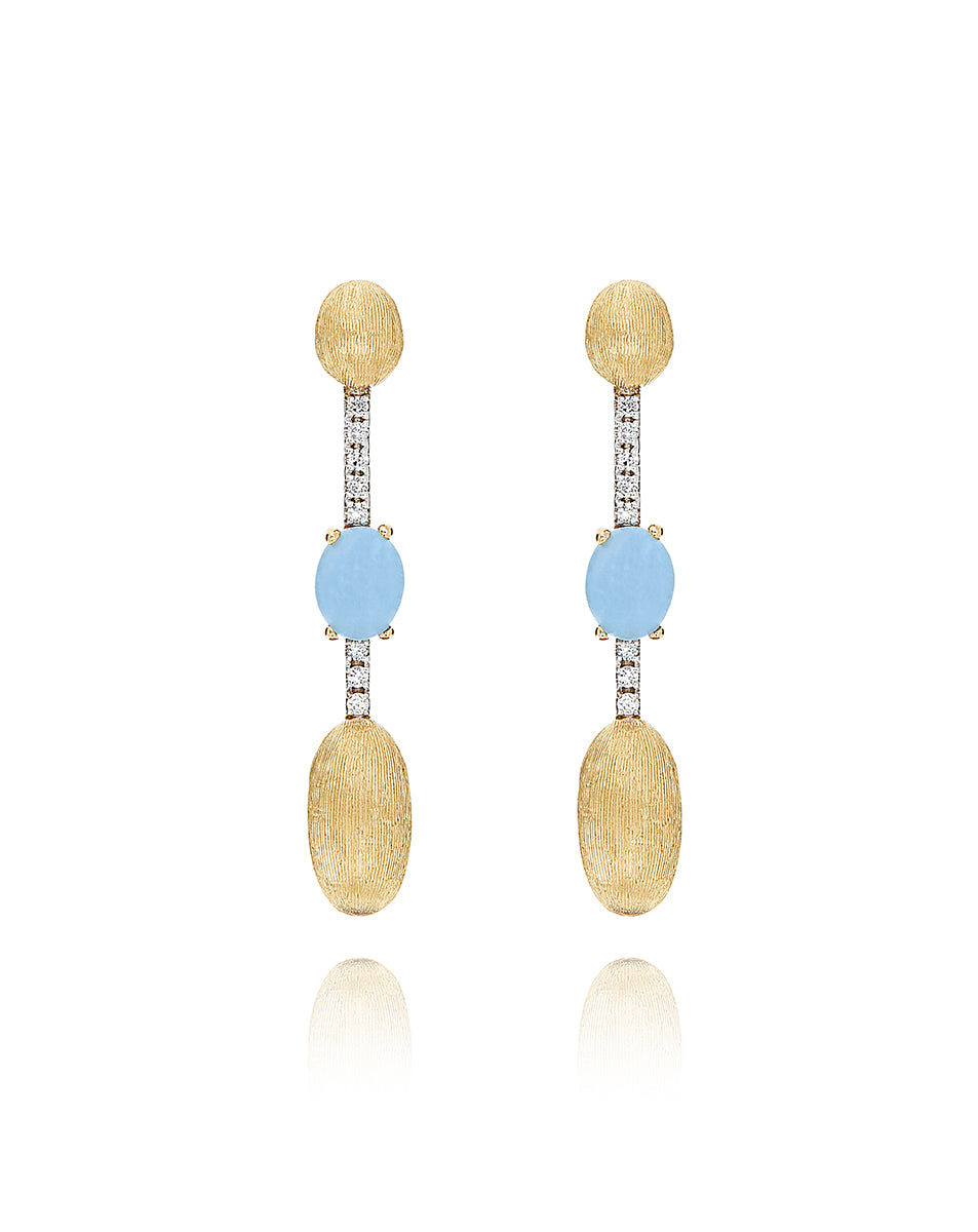 Yellow Gold Drop Earrings with Aquamarine, Diamonds, and Gold Beads