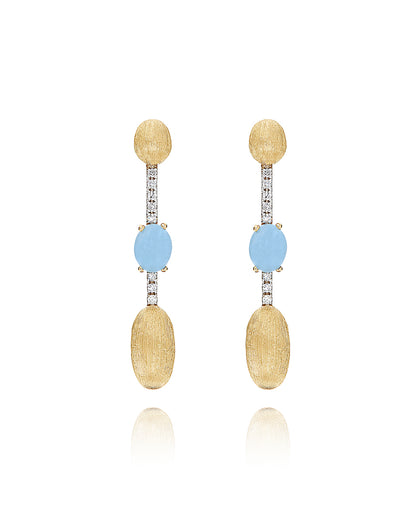 Yellow Gold Drop Earrings with Aquamarine, Diamonds, and Gold Beads