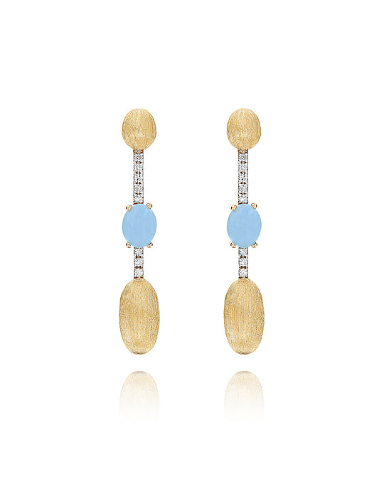 Yellow Gold Drop Earrings with Aquamarine, Diamonds, and Gold Beads
