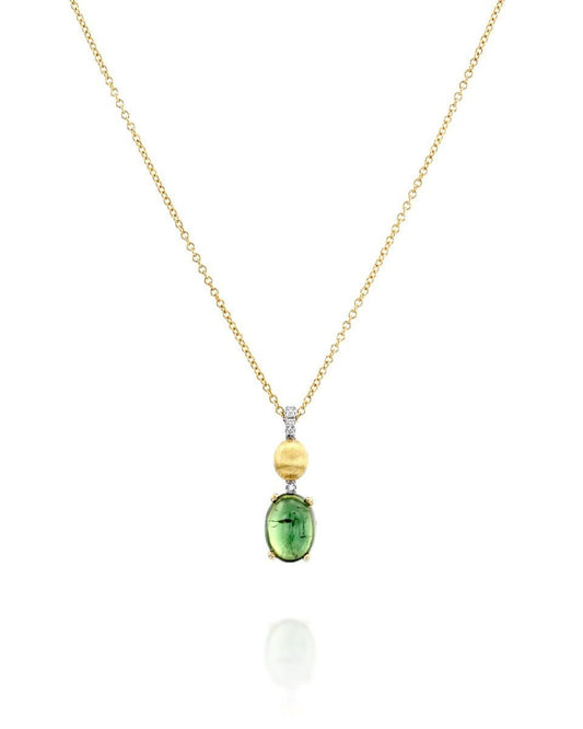 Yellow Gold Necklace with Green Tourmaline and Diamond Pendant - Small