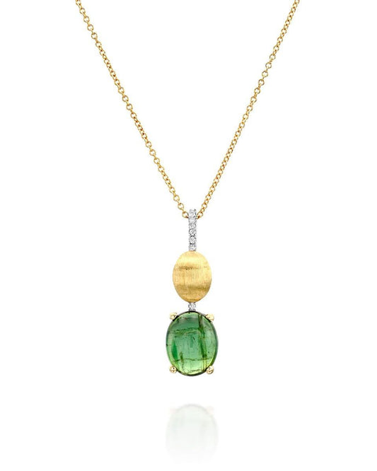 Yellow Gold Necklace with Green Tourmaline and Diamond Pendant - LARGE