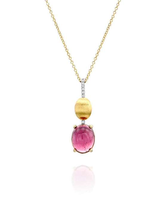 Yellow Gold Necklace with Pink Tourmaline and Diamond Pendant - LARGE