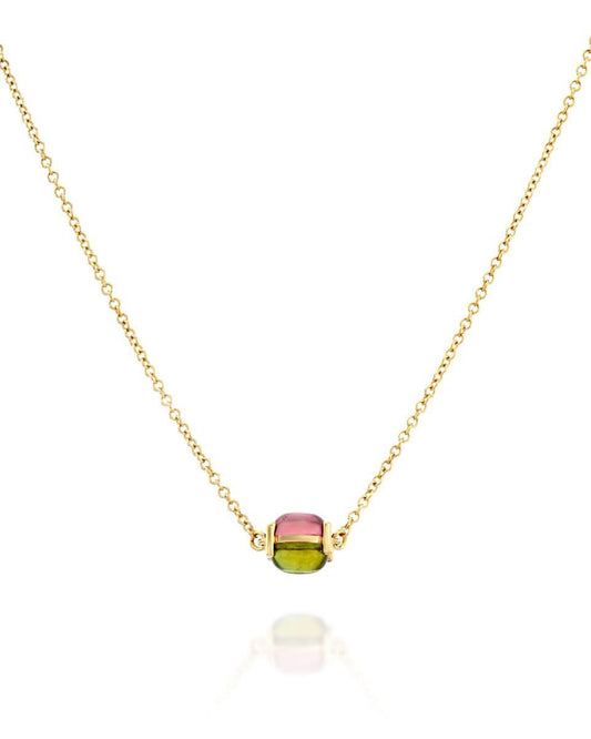 Yellow Gold Necklace with Pink and Green Tourmaline Bead