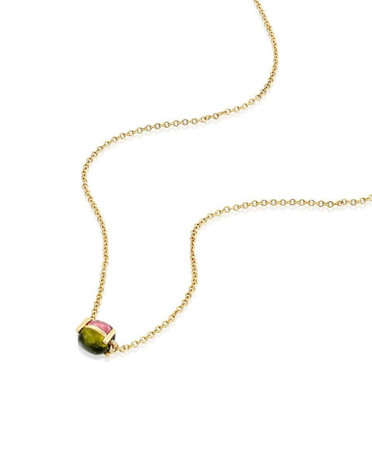 Yellow Gold Necklace with Pink and Green Tourmaline Bead