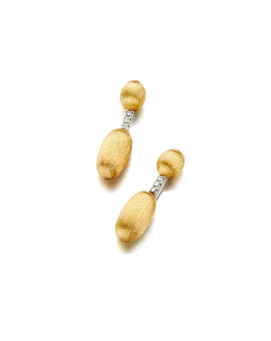 Yellow Gold Drop Earrings with Diamond Accents and Oval Beads
