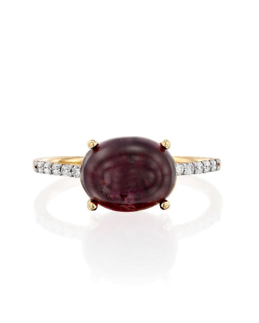 Yellow Gold Ring with Red Tourmaline and Diamond - LARGE