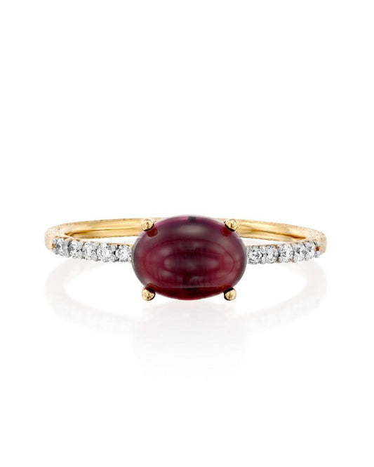 Yellow Gold Ring with Red Tourmaline and Diamond - MEDIUM