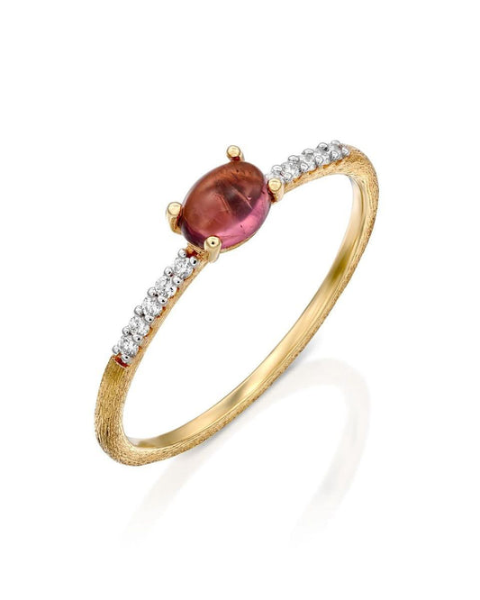 Yellow Gold Ring with Red Tourmaline and Diamond - SMALL