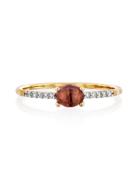Yellow Gold Ring with Red Tourmaline and Diamond - SMALL