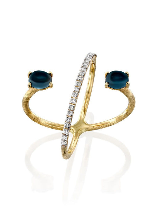 Open Yellow Gold Ring with Blue Topaz and Pave Diamond Bar