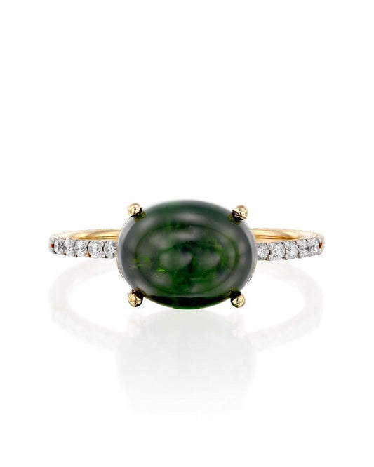 Yellow Gold Ring with Green Tourmaline and Diamonds - LARGE