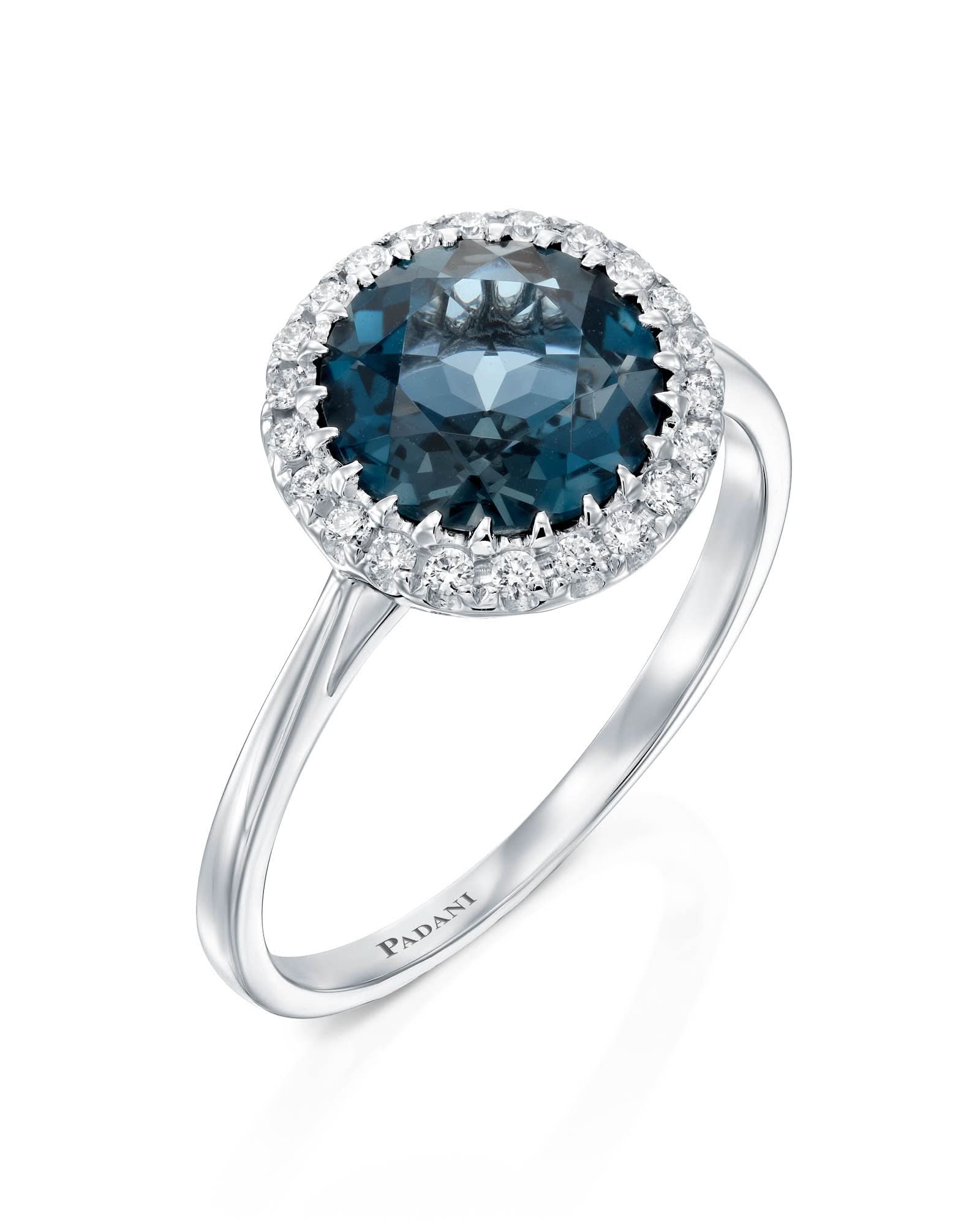 18K White Gold London Blue Topaz and Diamond Halo Ring – Padani