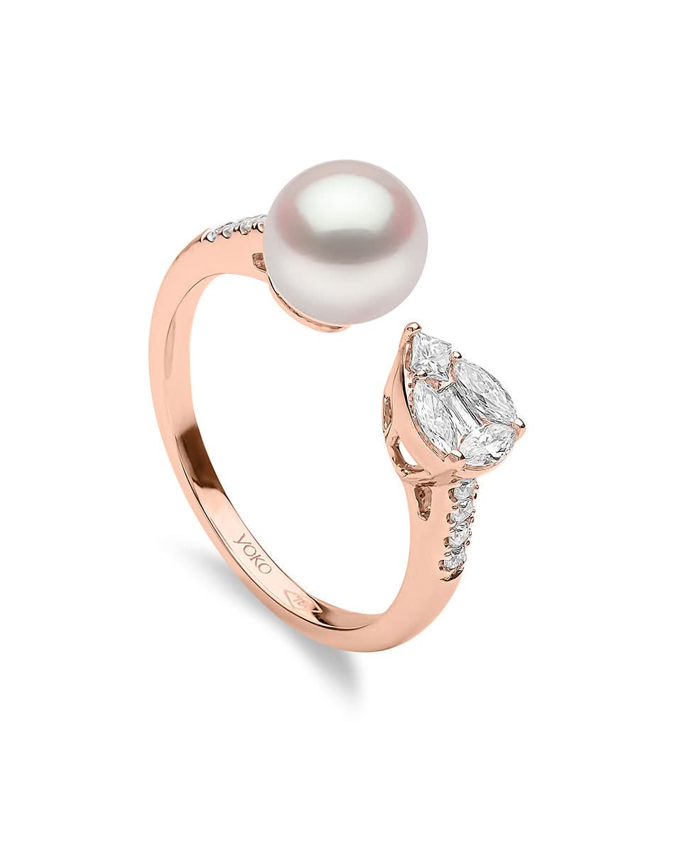 Rose Gold Open Ring Set With Pearl And Pear-Cut Diamonds – Padani