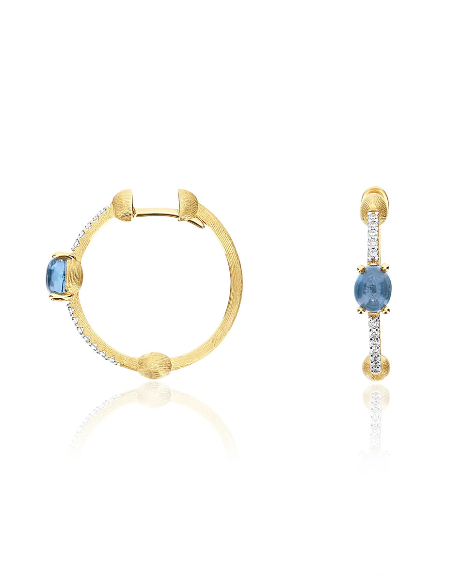 Yellow Gold Hoop Earrings with Blue Topaz, Diamonds and Gold Balls