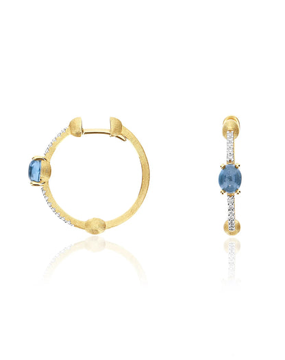 Yellow Gold Hoop Earrings with Blue Topaz, Diamonds and Gold Balls