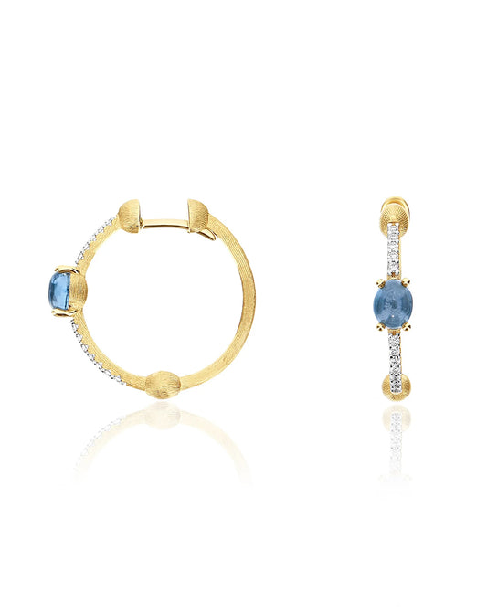 Yellow Gold Hoop Earrings with Blue Topaz, Diamonds and Gold Balls