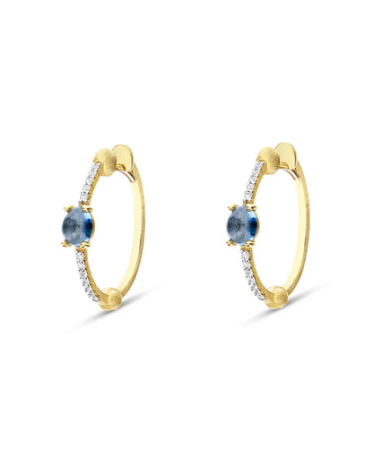 Yellow Gold Hoop Earrings with Blue Topaz, Diamonds and Gold Balls