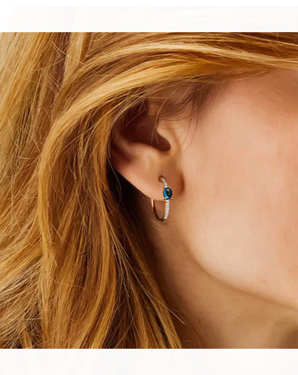 Yellow Gold Hoop Earrings with Blue Topaz, Diamonds and Gold Balls