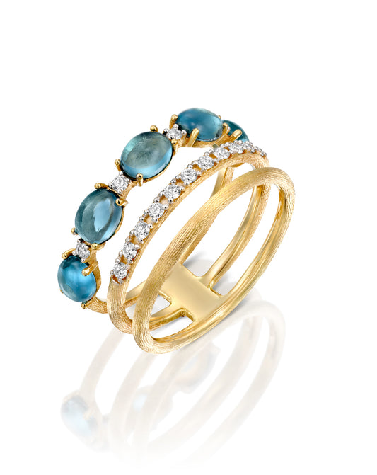Triple Band Yellow Gold Ring with Blue Topaz and Diamonds