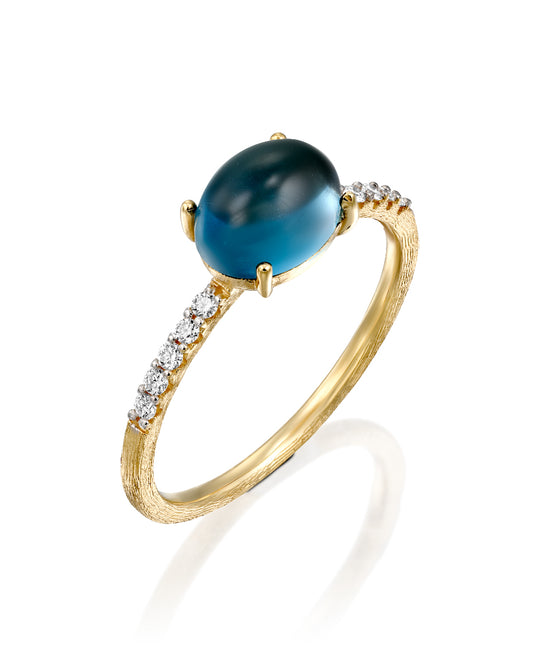 Yellow Gold Ring with Blue Topaz and Diamonds -  MEDIUM
