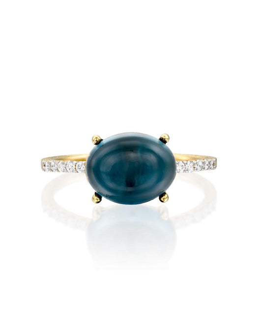 Yellow Gold Ring with Blue Topaz and Diamonds - LARGE