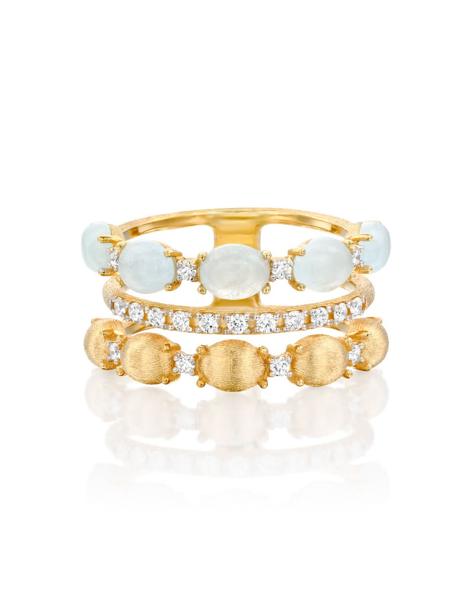Triple Band Yellow Gold Ring with Aquamarine, Diamonds and Gold Balls