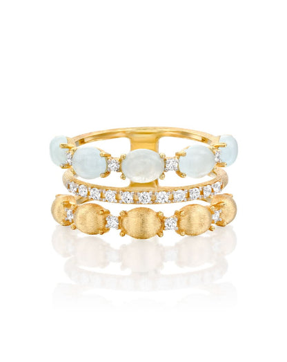 Triple Band Yellow Gold Ring with Aquamarine, Diamonds and Gold Balls
