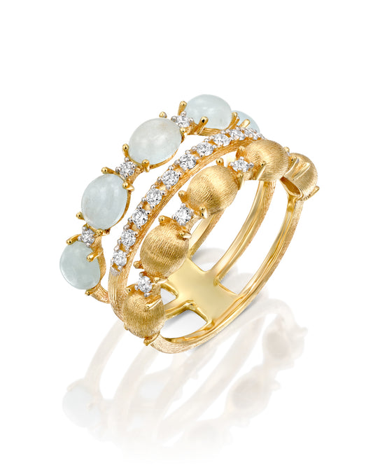 Triple Band Yellow Gold Ring with Aquamarine, Diamonds and Gold Balls
