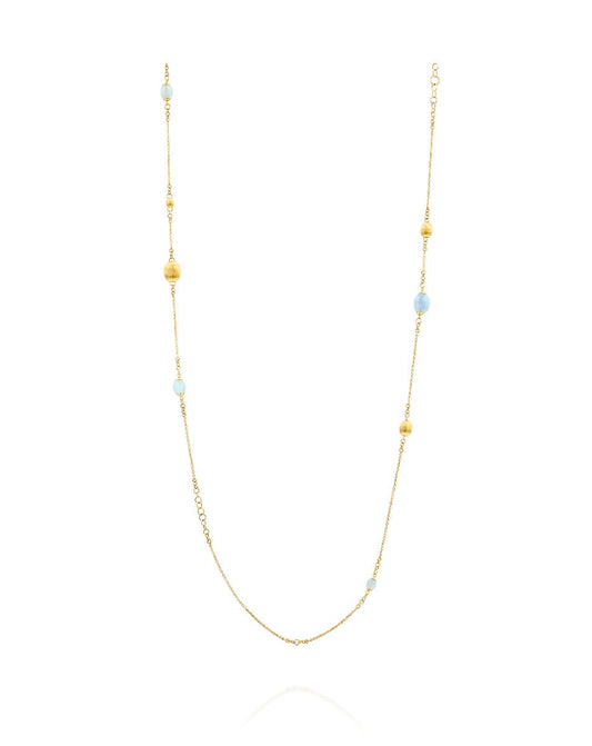 Long Gold Necklace with Aquamarine Gemstones and Matte Gold Beads