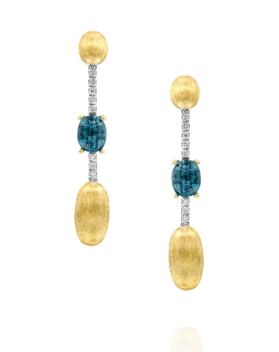 Yellow Gold Drop Earrings with Blue Topaz and Diamonds