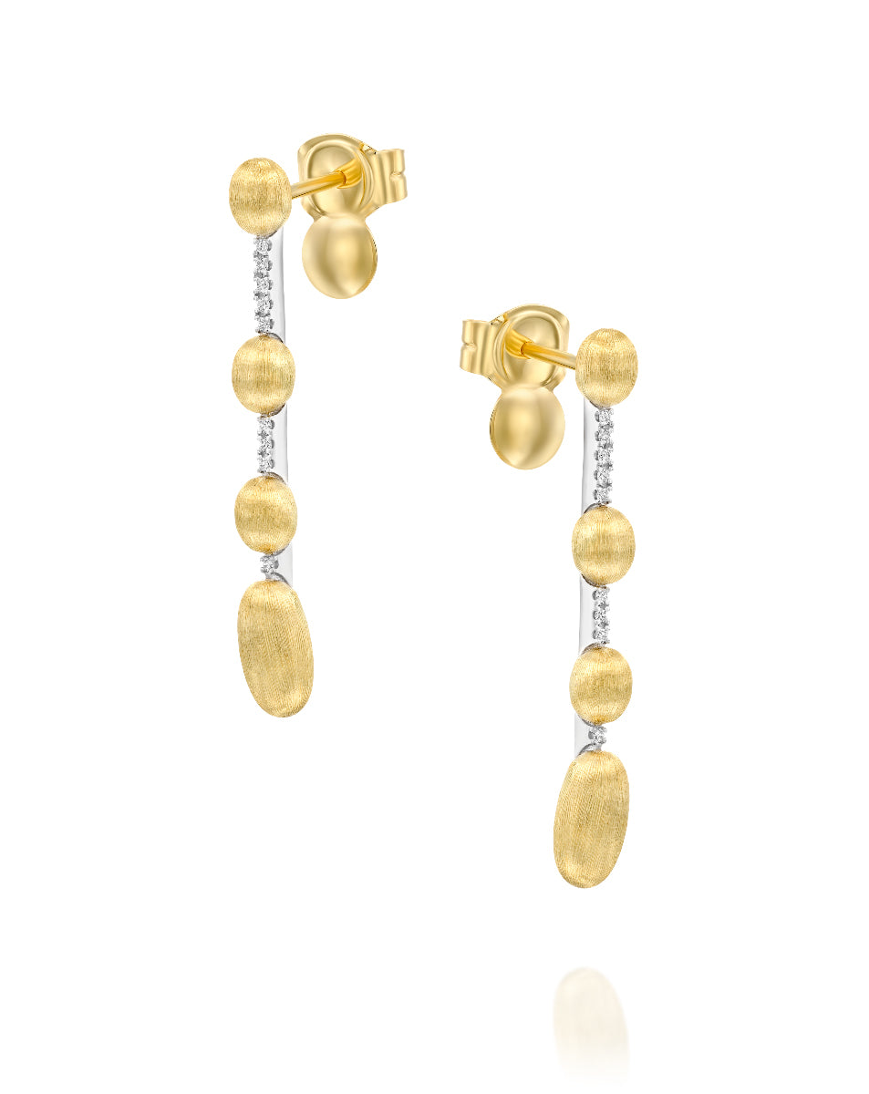 עגילי נניס נופלים בזהב צהוב משולבים יהלומים וכדורי זהב