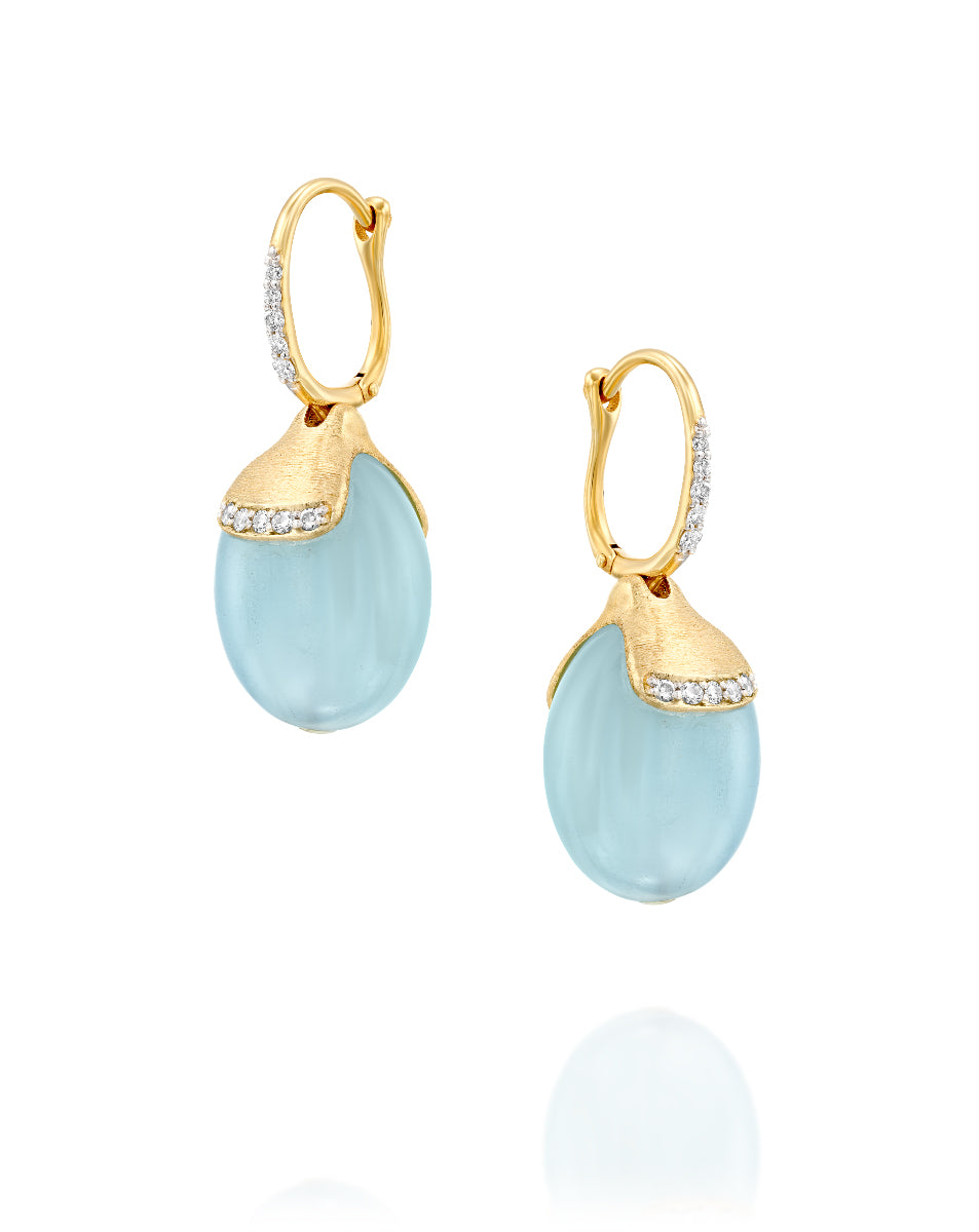 Yellow Gold Drop Earrings with Aquamarine and Pave Diamond Accents - LARGE