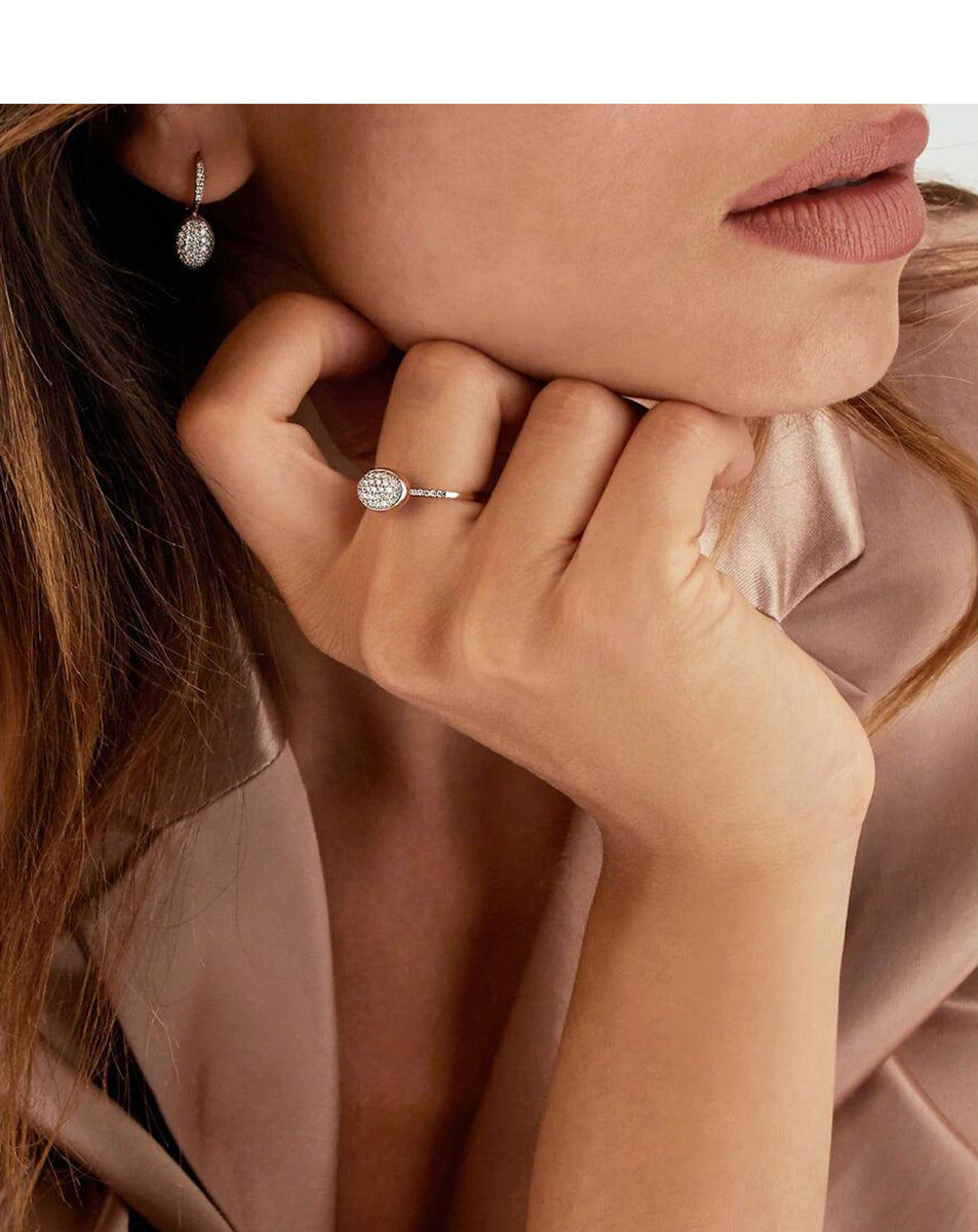 Shiny Rose Gold Ring with Pave Diamond Oval Center