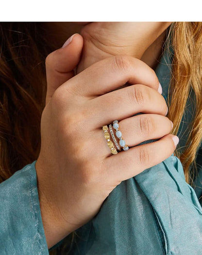 Triple Band Yellow Gold Ring with Aquamarine, Diamonds and Gold Balls