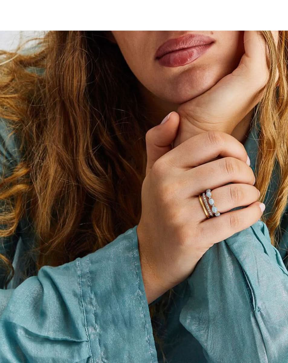 Triple Band Yellow Gold Ring with Aquamarine and Diamonds
