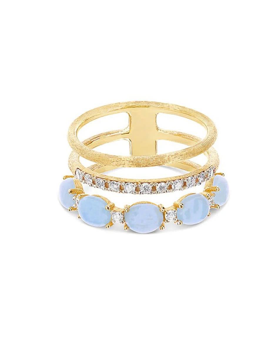 Triple Band Yellow Gold Ring with Aquamarine and Diamonds