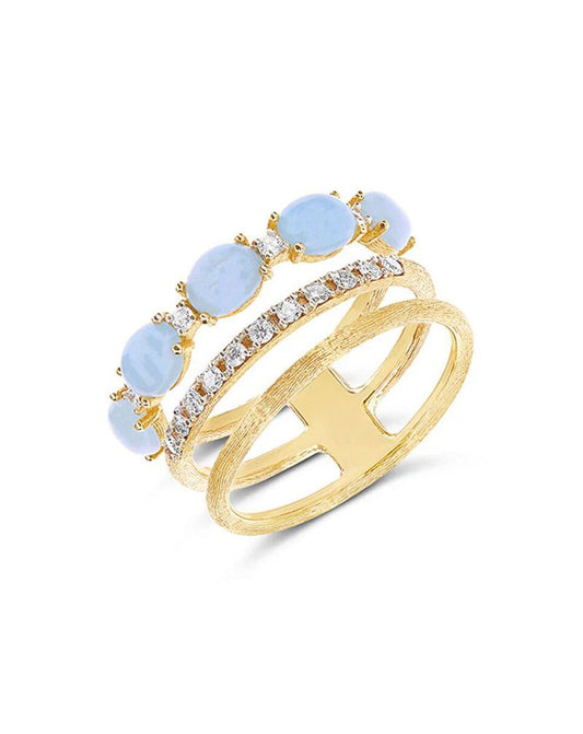 Triple Band Yellow Gold Ring with Aquamarine and Diamonds