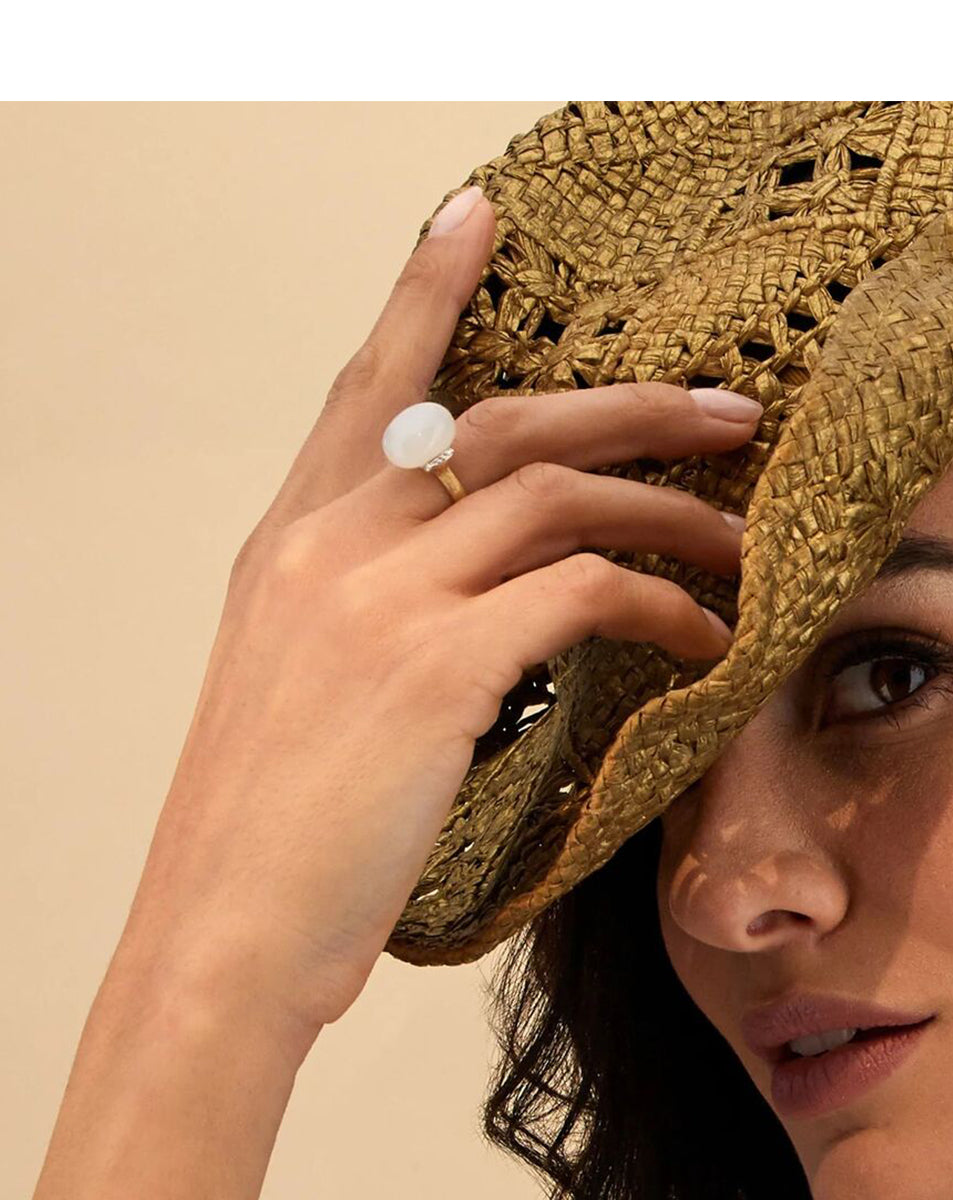 Yellow Gold Ring Featuring a Bold Moonstone and Diamond Details- LARGE