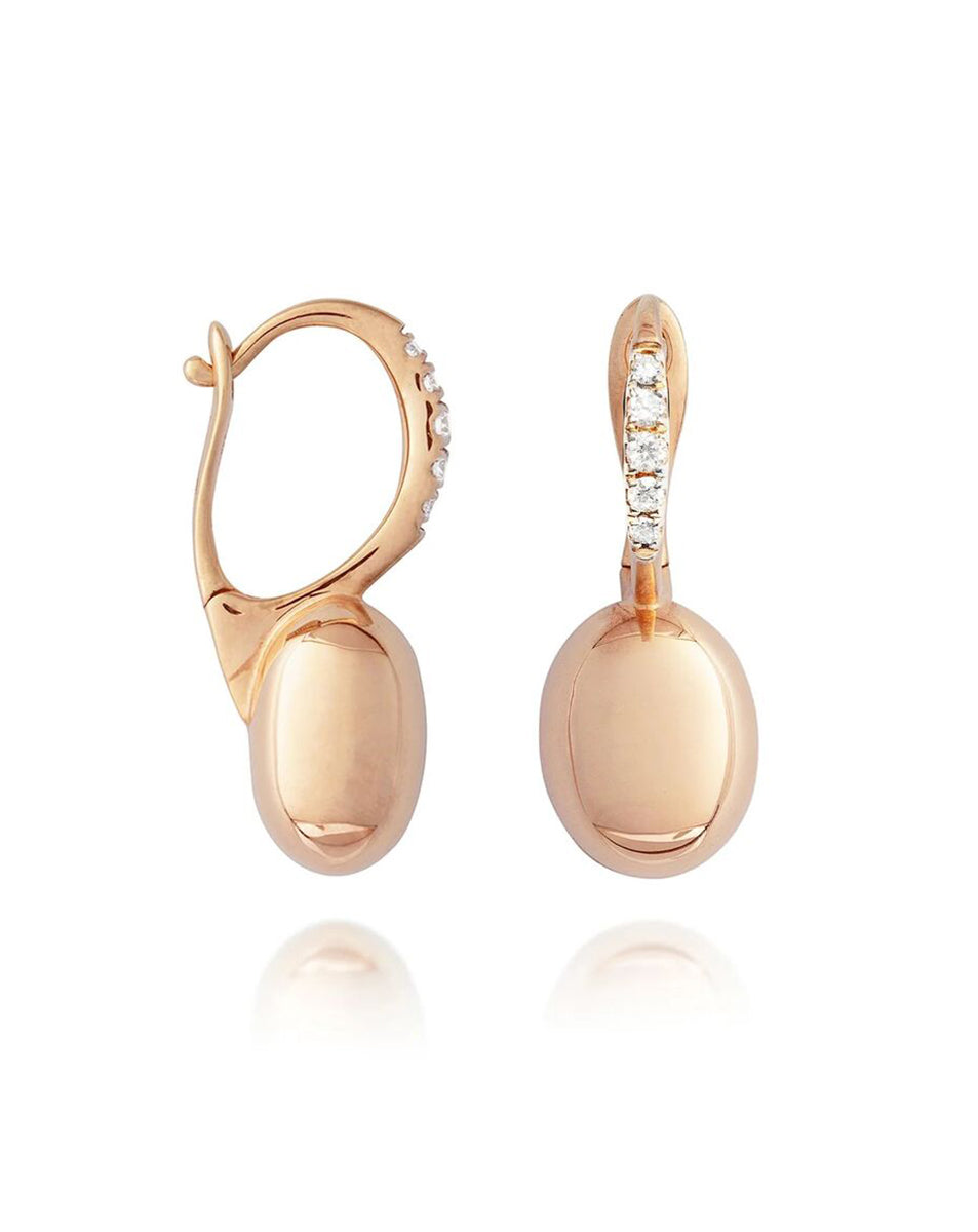 Shiny Rose Gold Drop Earrings with Polished Ovals and Diamond Accents - SMALL