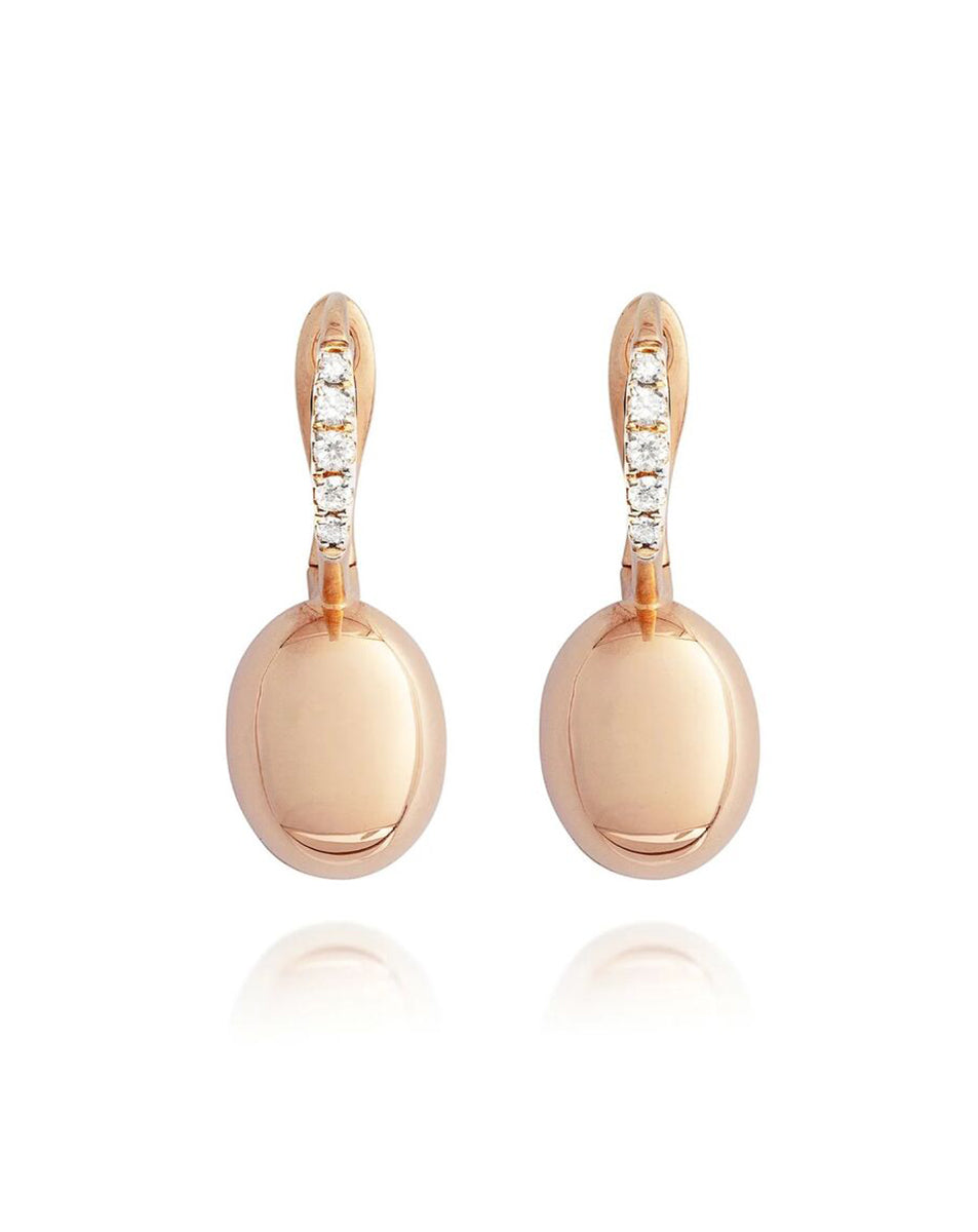 Shiny Rose Gold Drop Earrings with Polished Ovals and Diamond Accents - SMALL