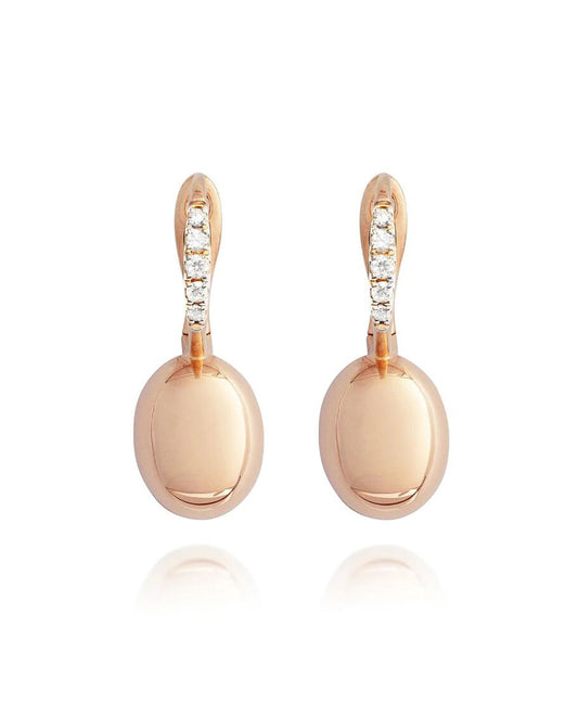 Shiny Rose Gold Drop Earrings with Polished Ovals and Diamond Accents - SMALL