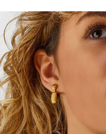 Yellow Gold Drop Earrings with Oval Beads and Diamond Accent