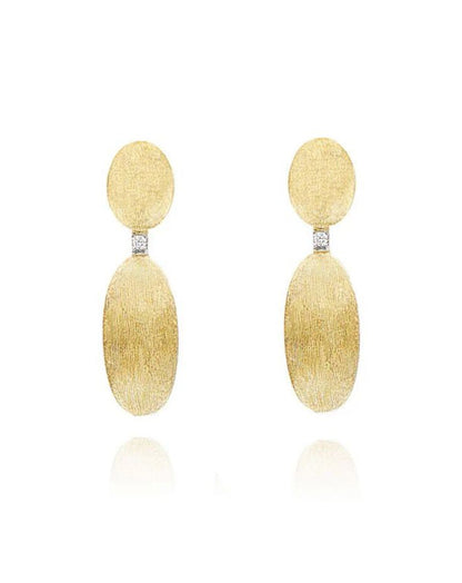 Yellow Gold Drop Earrings with Oval Beads and Diamond Accent