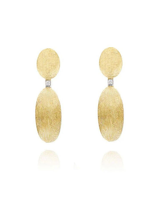 Yellow Gold Drop Earrings with Oval Beads and Diamond Accent
