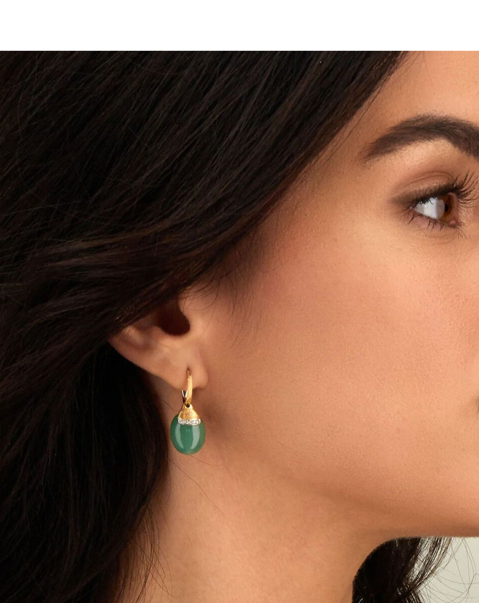 Yellow Gold Drop Earrings with Green Aventurine and Pave Diamond Accents - LARGE