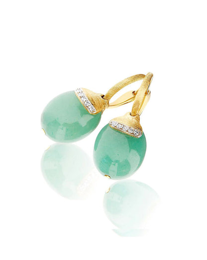 Yellow Gold Drop Earrings with Green Aventurine and Pave Diamond Accents - LARGE