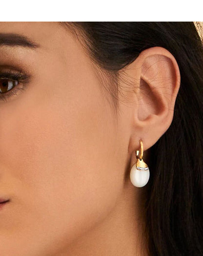 Yellow Gold Drop Earrings with Moonstone and Pave Diamond Accents - LARGE